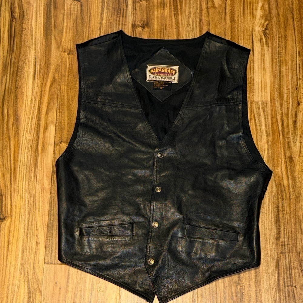 Paragraff mens XL vest jacket leather Black biker motorcycle vintage snap button